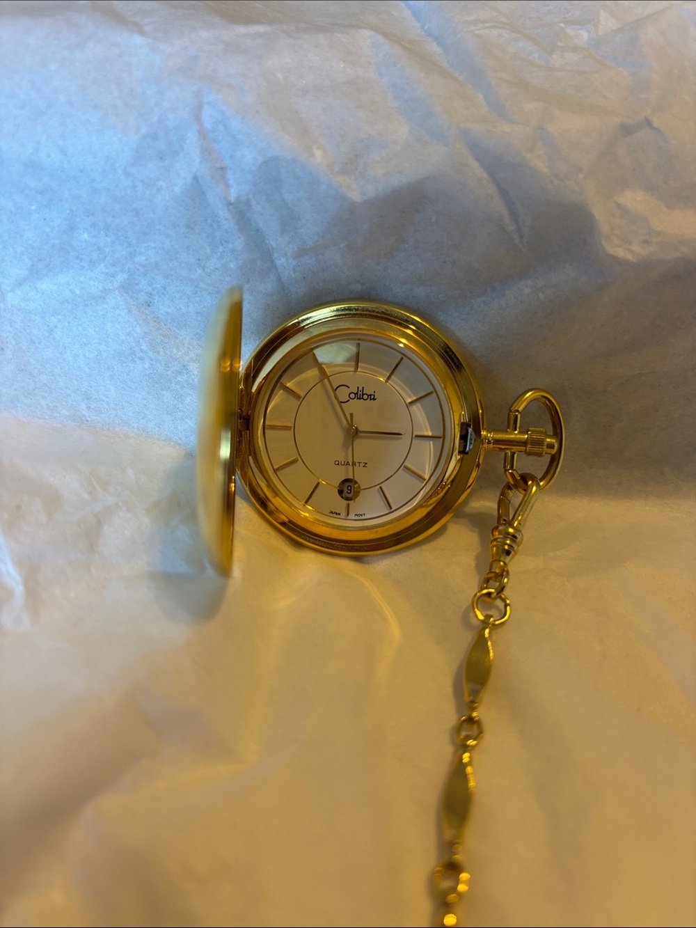Colibri Quartz Gold Tone Pocket Watch with Chain Japan Movement